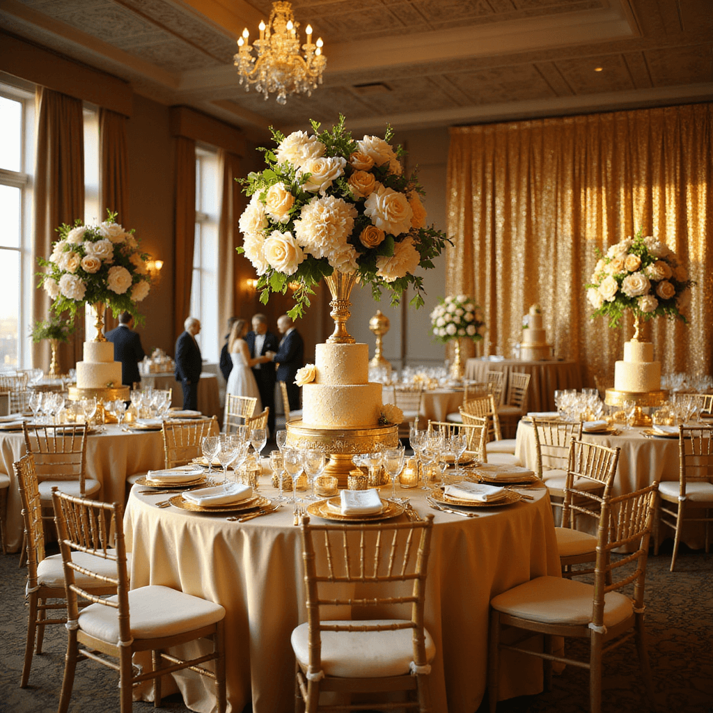 A luxurious 50th wedding anniversary celebration in a grand ballroom, featuring round tables with champagne silk linens, floral centerpieces of golden roses and white orchids, a backdrop of gold sequins, an ornate tiered cake with edible gold leaf, elegant table settings with gold-rimmed china, and a champagne tower, all bathed in warm golden light.