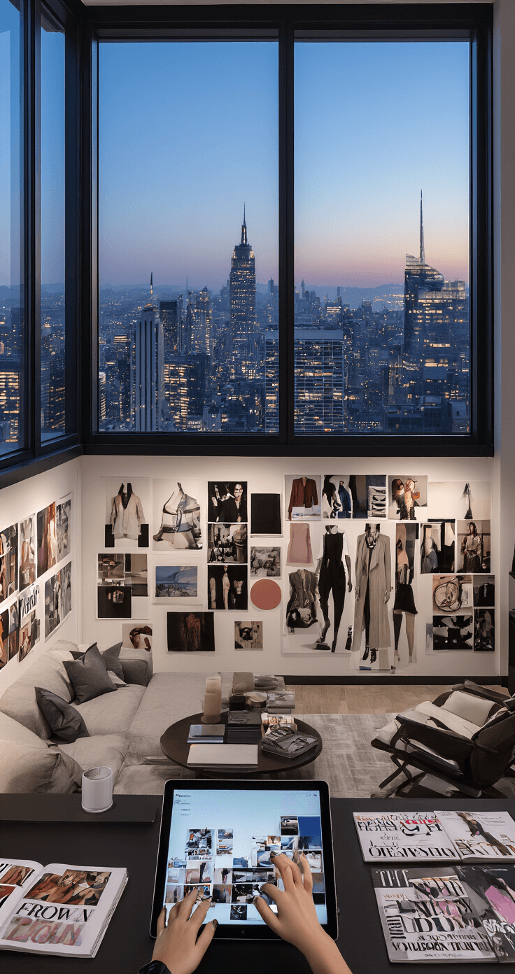 Contemporary living room with large windows showcasing a city skyline at dusk, featuring fashion mood boards on one wall, a designer working on a tablet, ambient lighting illuminating fashion magazines and digital displays, captured in a wide-angle shot.