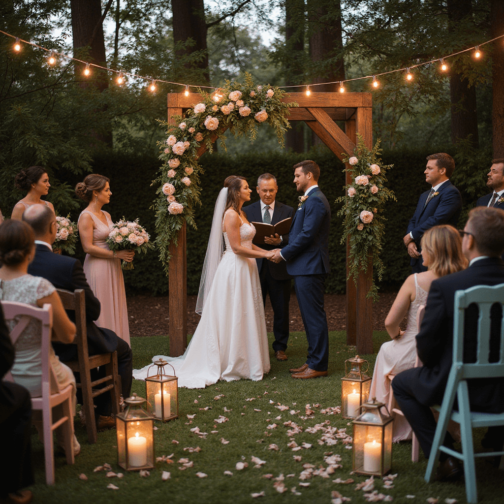 An intimate vow renewal ceremony in a lush garden at twilight, featuring twinkling fairy lights, a rustic wooden arch adorned with blush roses, mismatched vintage chairs in pastel hues, and flickering lanterns lining a rose petal-strewn aisle, with the couple standing hand-in-hand amidst joyful friends and family.