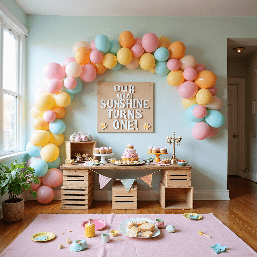 A vibrant first birthday party in a sun-filled apartment with a pastel balloon feature wall, a dessert table filled with treats, a felt letter board saying 'Our Little Sunshine Turns One!', stacked wooden crates with cupcakes, colorful bunting, and a low table of finger foods on playful plates, all surrounded by soft play mats and toys.