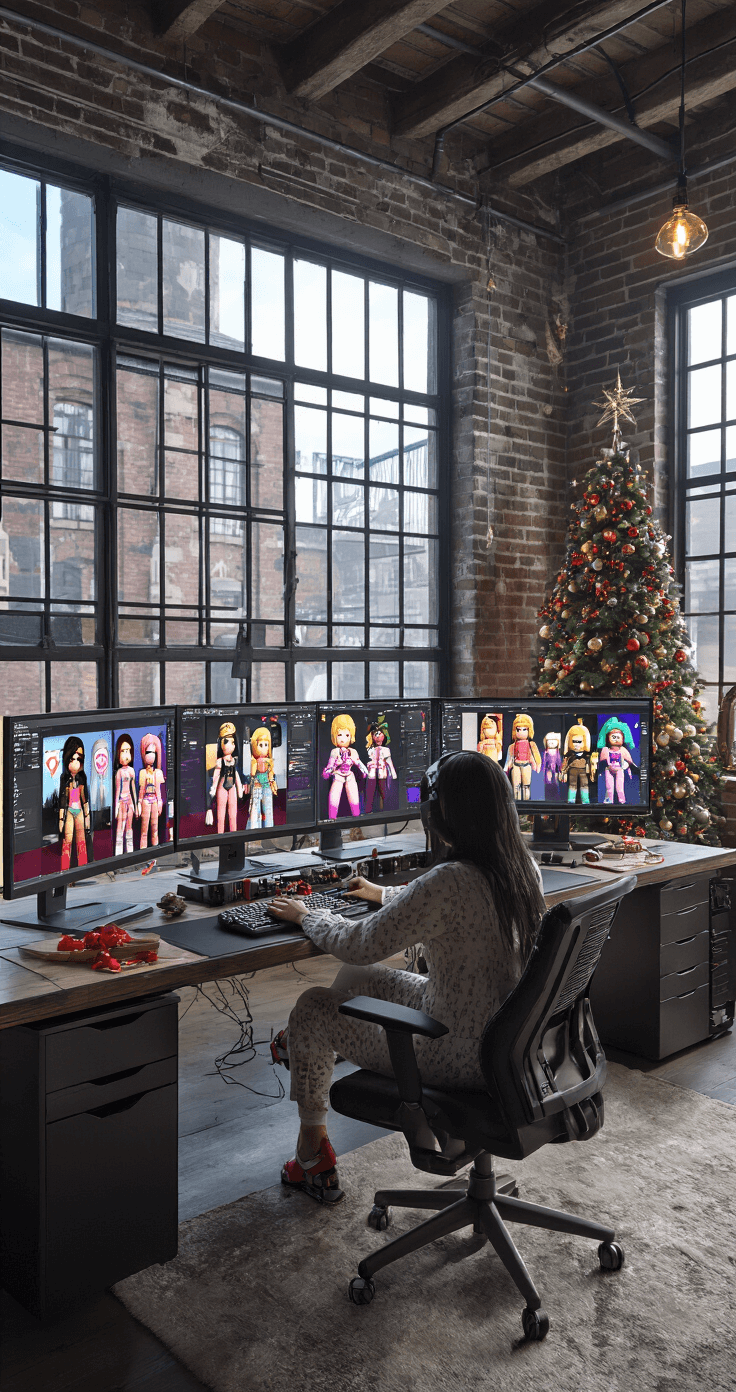 High-end gaming setup in an industrial-chic loft with morning light filtering through factory windows, featuring a fashionista designing holiday-themed virtual outfits. Multiple monitors showcase Roblox avatars and accessory combinations, with cool tones in the decor and seasonal colors on the screens.