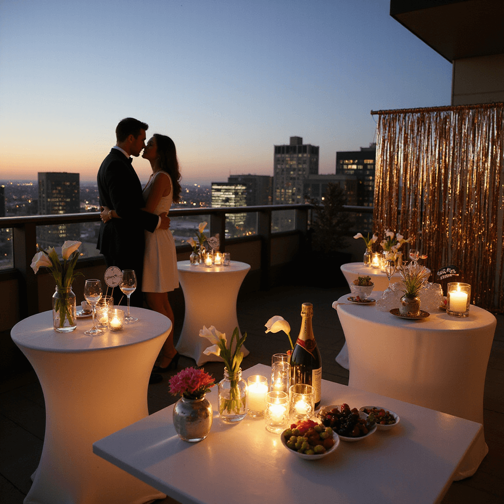 An elegant rooftop engagement soirée featuring high-top tables with white linens and calla lilies, a champagne bar with bubbly and garnishes, candles creating a romantic atmosphere, and a photo booth with metallic streamers and fun props; the engaged couple stands silhouetted against a city skyline, sharing a tender moment.