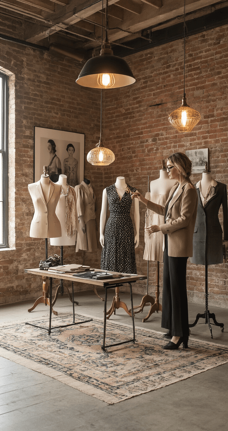 A style expert demonstrates layering techniques on virtual mannequins in a boutique-style room with exposed brick walls and artisanal lighting, while vintage fashion photography decorates the walls and modern tech elements are present. Soft lighting highlights key fashion pieces, captured from a slight low angle.