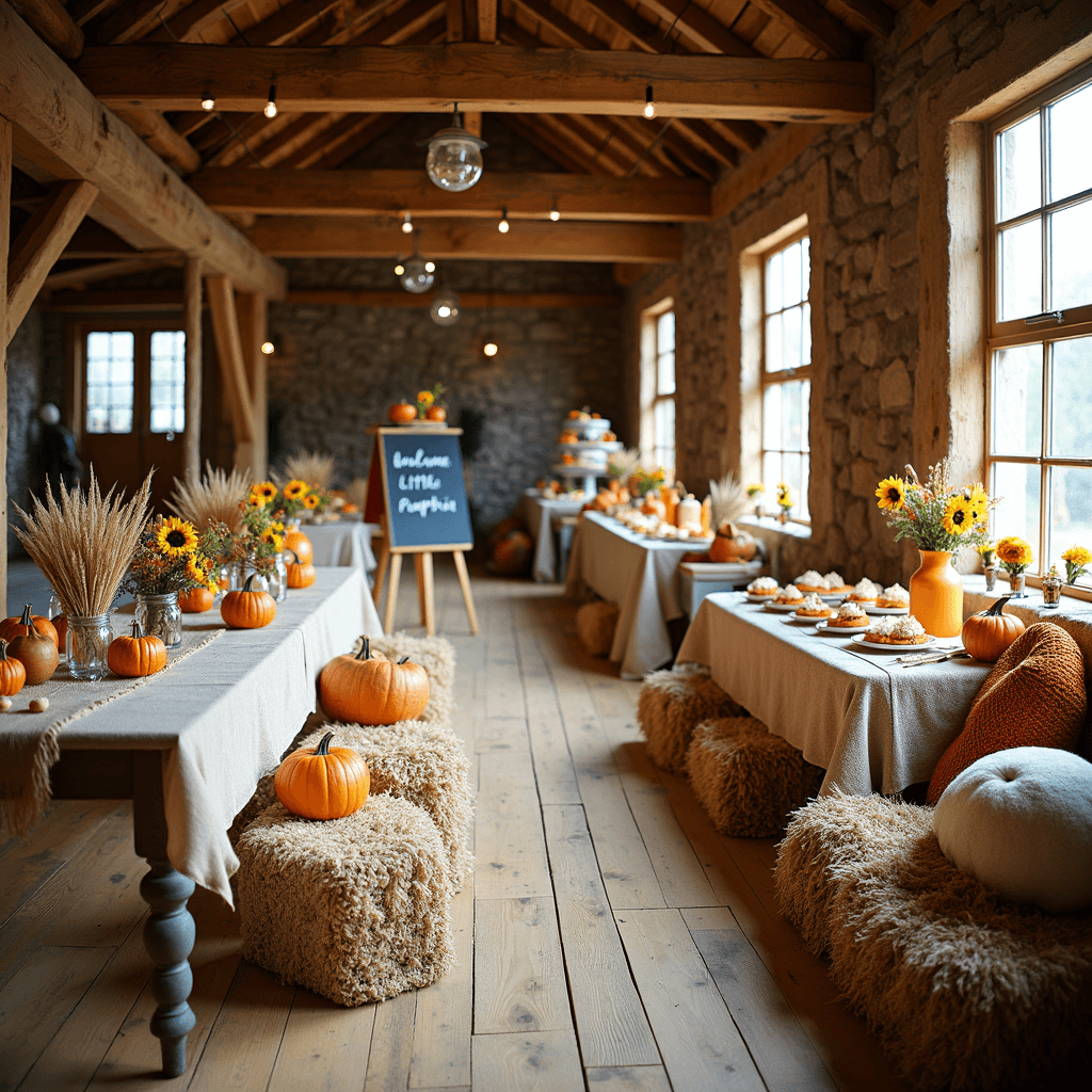A cozy autumn-themed baby shower in a rustic barn with warm lighting, farmhouse tables adorned with burlap, pumpkins, and sunflower arrangements, a gift table with a quilt, a chalkboard sign saying 'Welcome Little Pumpkin,' comfortable seating on hay bales with blankets, and a dessert cart featuring pies and pumpkin-themed cupcakes.