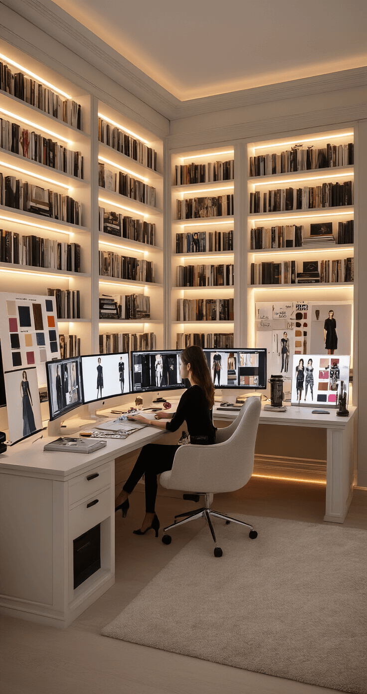 A luxurious home office featuring floor-to-ceiling bookshelves filled with fashion references, illuminated by warm evening light. A designer engages in a virtual runway competition, with multiple screens showcasing avatar poses and outfit details. Physical mood boards display color theory and style inspiration, while warm accent lighting enhances the workspace ambiance, captured from a cinematic wide angle.