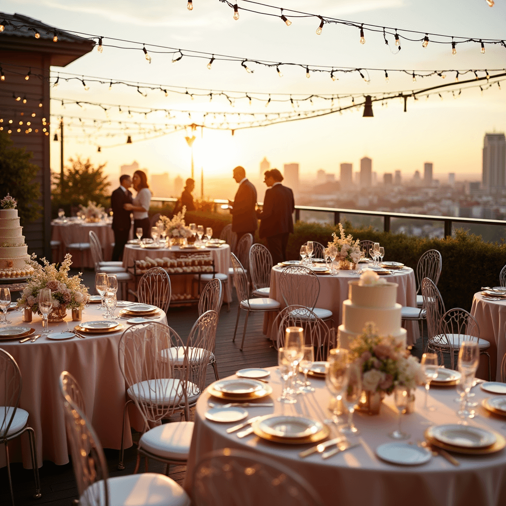 A sunlit rooftop terrace featuring round tables with blush pink linens and floral centerpieces, fairy lights overhead, gold-rimmed place settings, a dessert cart with a tiered anniversary cake, and couples mingling by a champagne tower, all set against a golden hour cityscape.