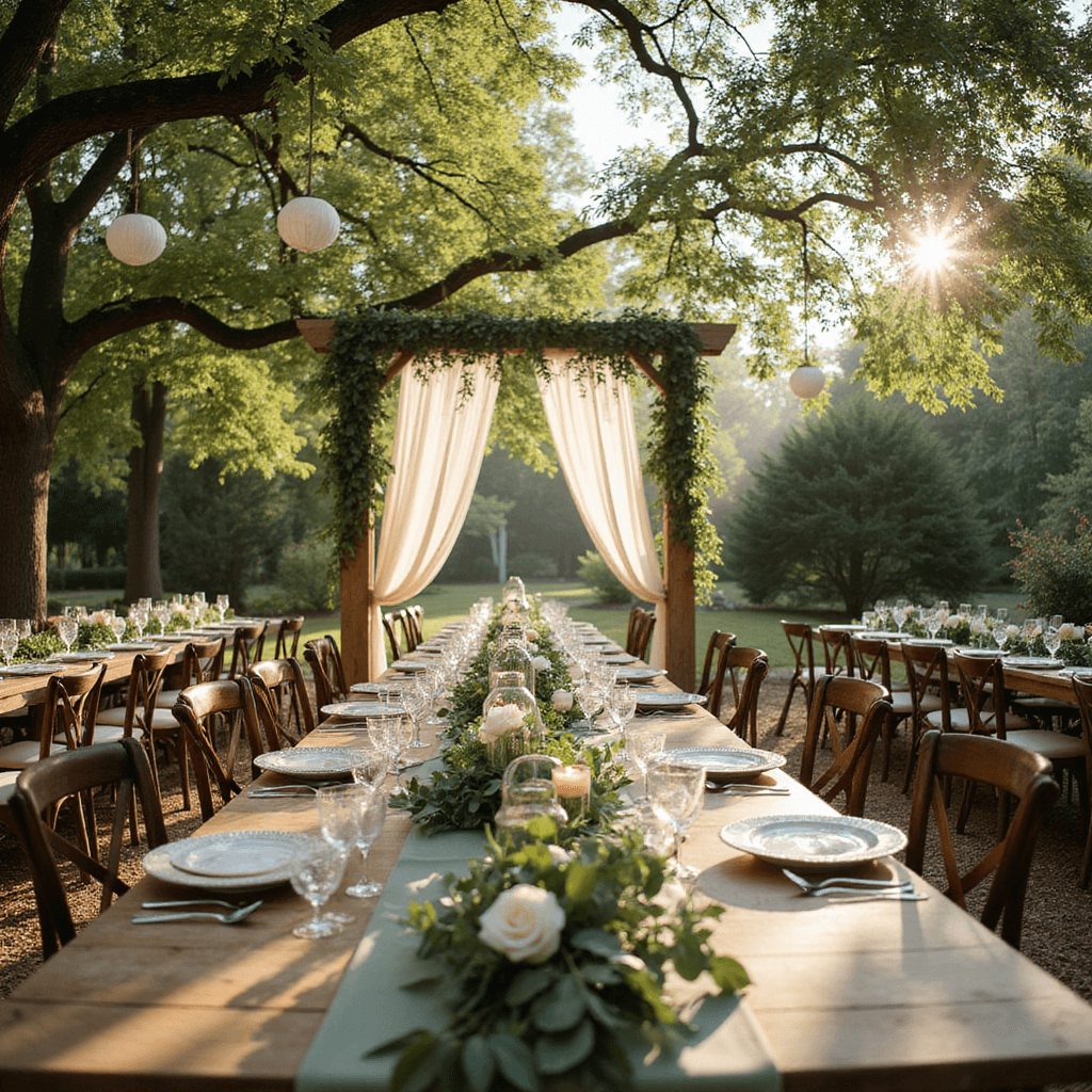 An enchanting garden setting with long wooden tables dressed in sage green runners, adorned with eucalyptus and white roses, mismatched vintage china, and cut crystal glassware, under a canopy of trees with hanging glass terrariums and paper lanterns, featuring a rustic wooden arch draped in sheer ivory fabric and cascading florals, all illuminated by soft morning light.