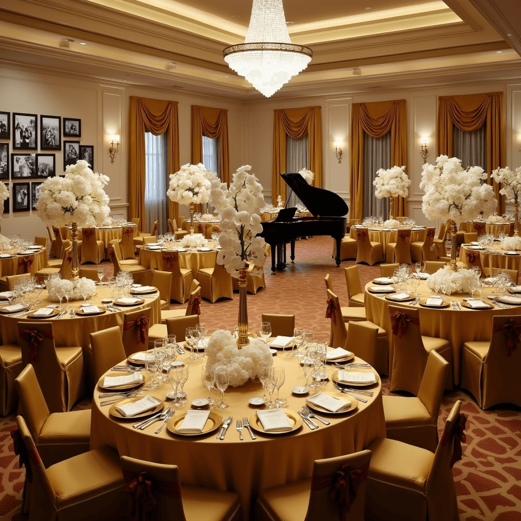 An opulent ballroom set for a golden anniversary celebration, featuring crystal chandeliers, round tables with gold linens, elegant floral centerpieces, gold-rimmed place settings, a grand piano, and a memory wall of the couple's photos, captured from a high angle to showcase the lavish design.