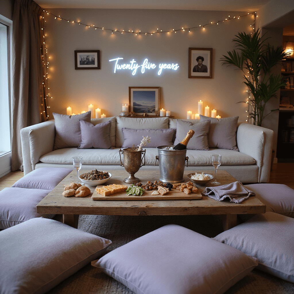 Cozy living room for a silver anniversary celebration, featuring plush lavender and silver floor cushions, twinkling fairy lights, a charcuterie board, champagne in a vintage ice bucket, crystal flutes, and a neon sign reading 'Twenty-Five Years of Love'.