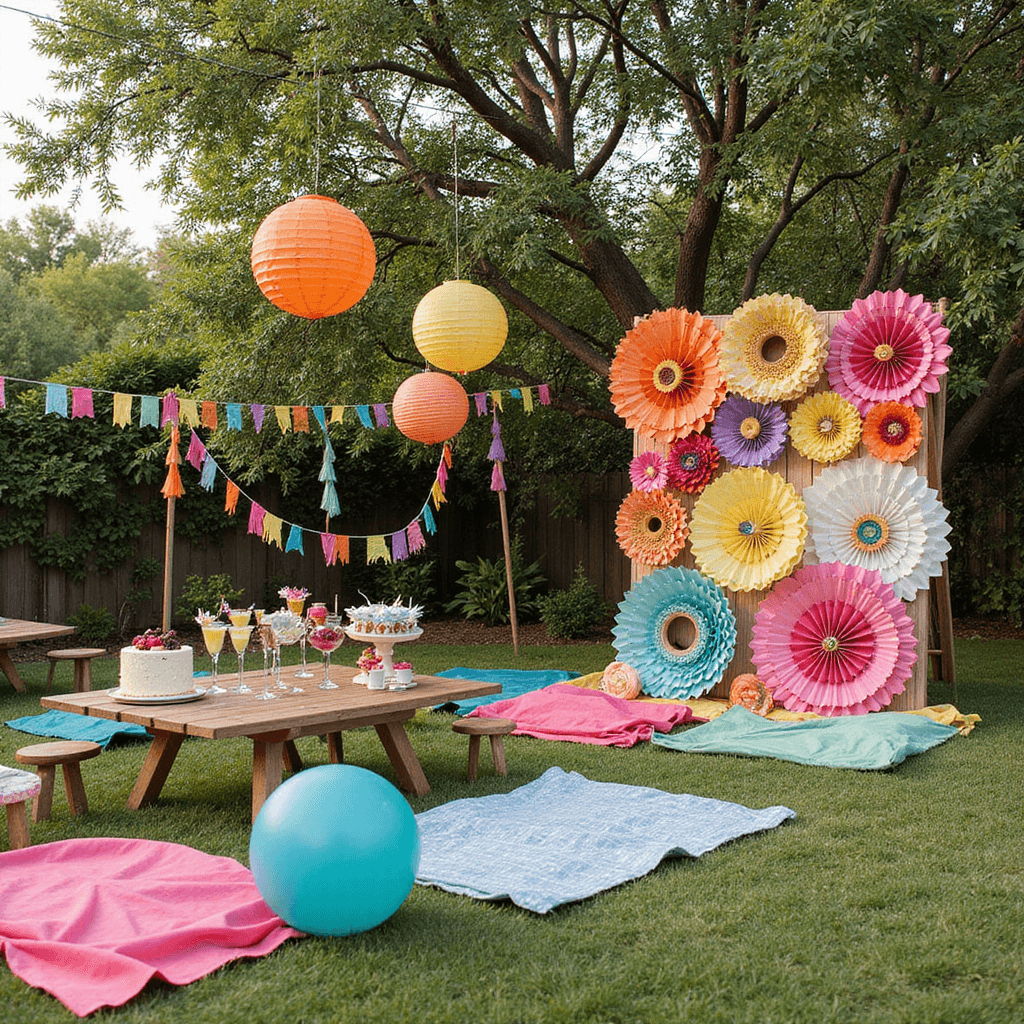 A vibrant backyard first anniversary party setup featuring picnic blankets, low tables, colorful paper lanterns and streamers, oversized primary color balloons, a DIY photo booth with a paper flower backdrop, a dessert table with a naked cake and 'Paper Plane' cocktail station, capturing youthful energy and creative details.