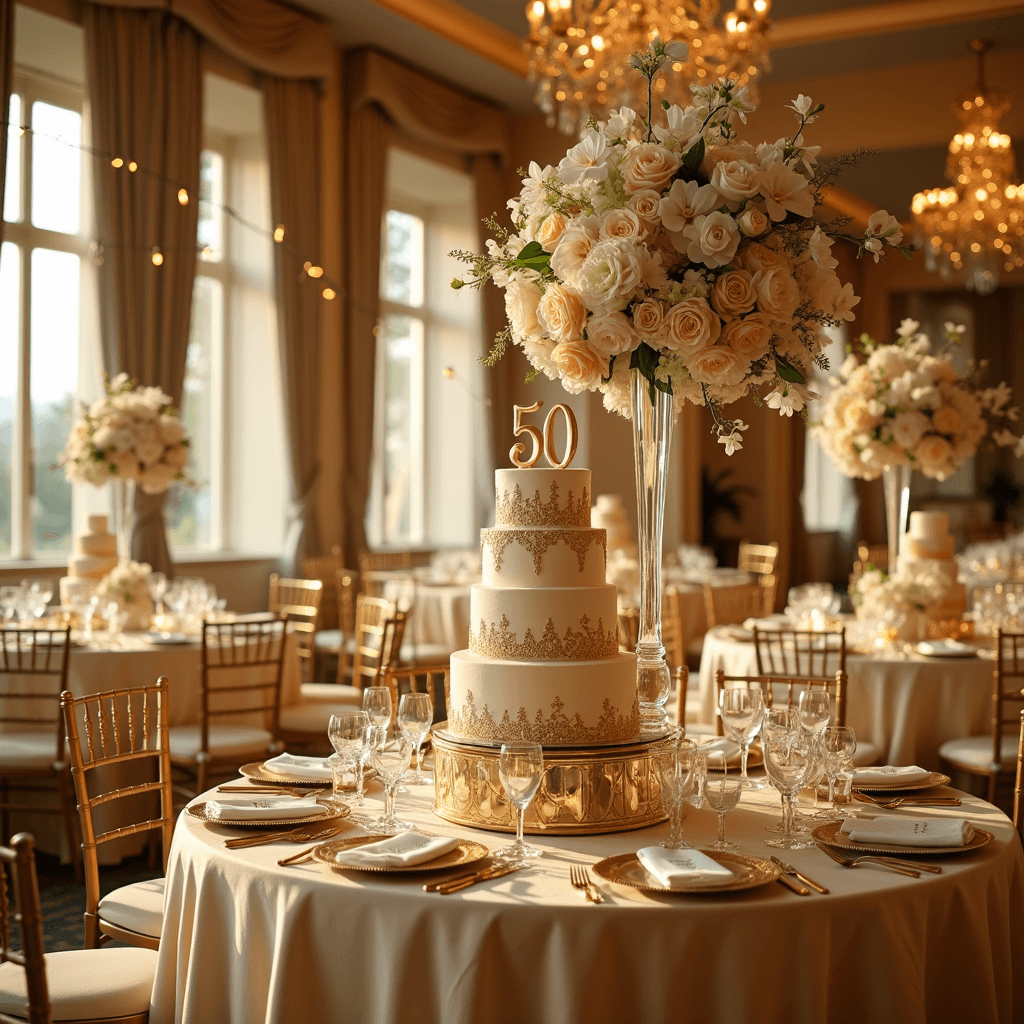 A wide-angle view of an opulent ballroom set for a luxurious golden anniversary celebration, featuring round tables with champagne silk linens, tall floral centerpieces, a grand 5-tier cake with gold leaf detailing, and warm lighting from string lights and chandeliers.