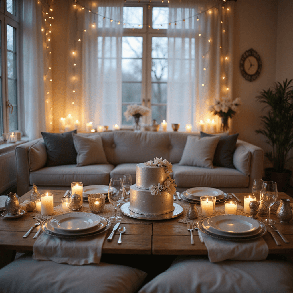 An intimate silver anniversary dinner party in a cozy living room, featuring a softly lit table adorned with vintage silver platters, mercury glass votives, delicate white flowers, and a two-tier silver fondant cake, surrounded by plush dove grey and silver cushions, with sheer drapery and fairy lights creating a romantic atmosphere.