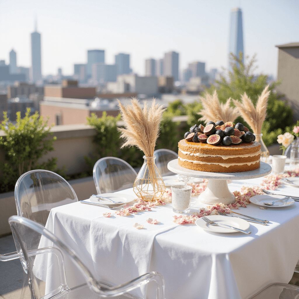 A beautifully styled rooftop brunch table for a 1st anniversary, featuring blush pink petal table runner, gold geometric vases with pampas grass, and a naked cake with figs and honey, with a city skyline softly blurred in the background.