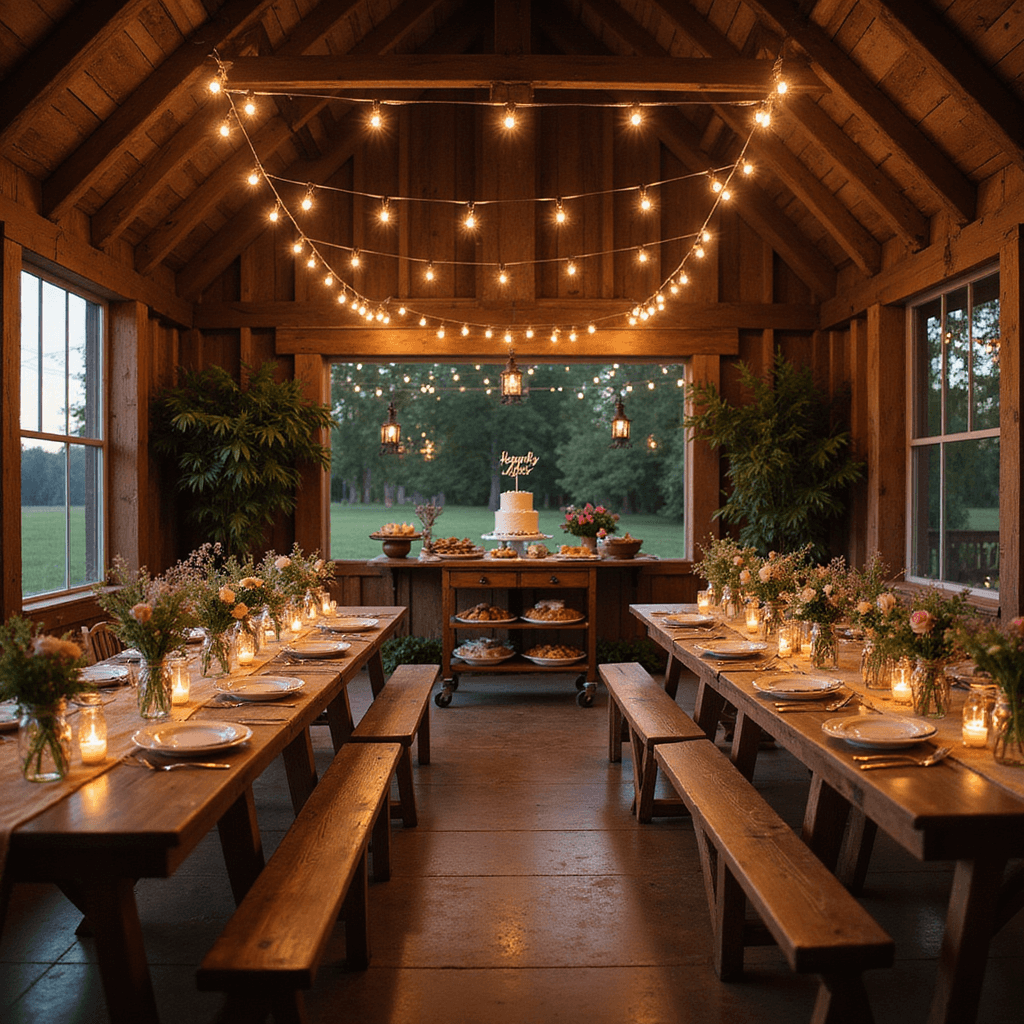 A wide-angle view of a rustic 25th anniversary vow renewal in a barn at twilight, featuring wooden farm tables with burlap runners, mason jar centerpieces filled with wildflowers, a dessert cart with assorted pies and a buttercream cake, and a warm glow from string lights and lanterns illuminating exposed wooden beams and vintage decor.