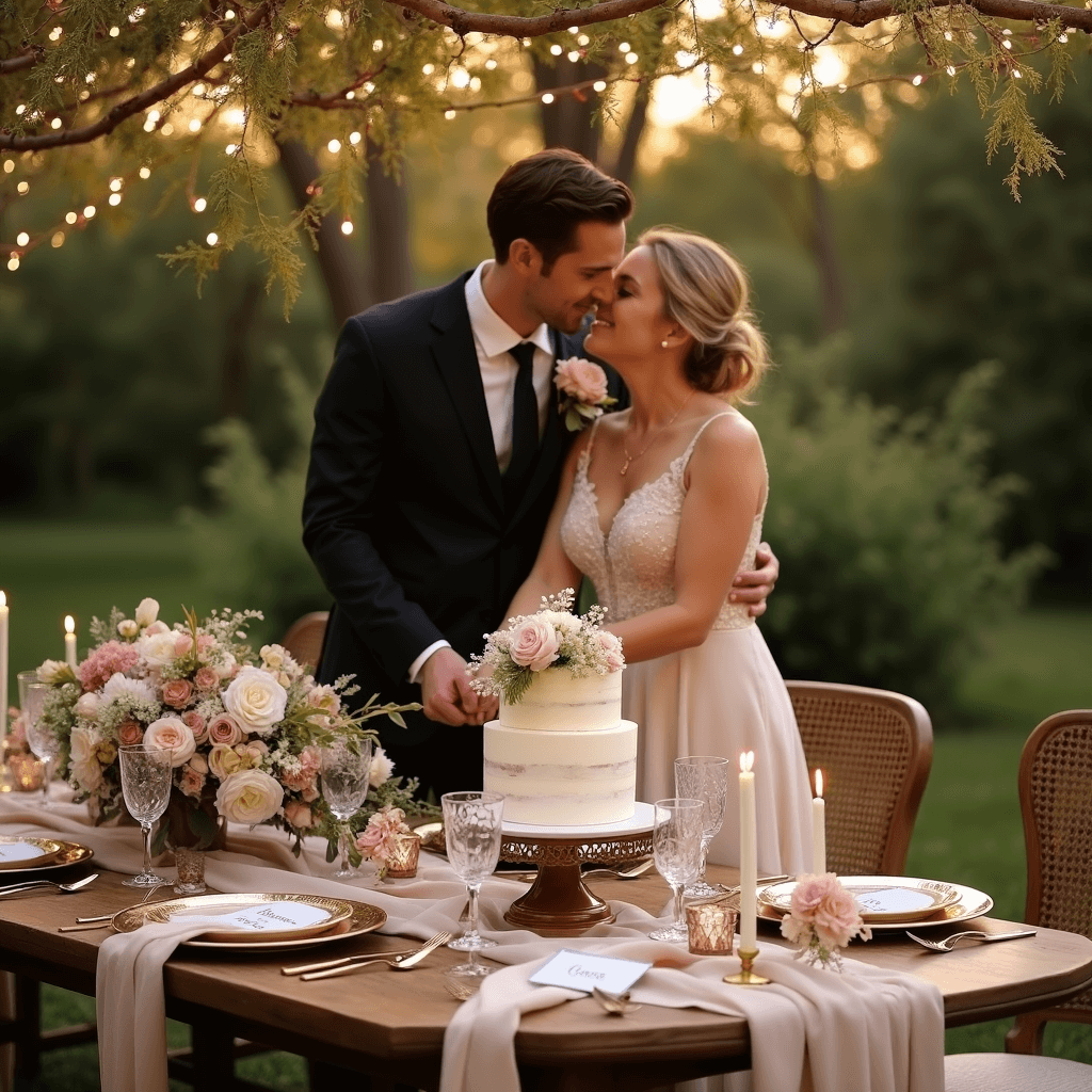 A couple celebrating their anniversary in a lush garden at golden hour, surrounded by a rustic wooden table set with elegant place settings and floral centerpieces, cutting a tiered naked cake under twinkling fairy lights.