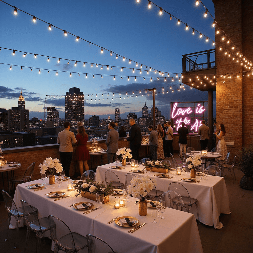 An industrial-chic rooftop terrace set for a stylish engagement party at dusk, featuring string lights overhead, long tables with white linens and brass candleholders, ghost chairs, a champagne tower, and a neon sign reading 'Love is in the Air', with a twinkling cityscape in the background.