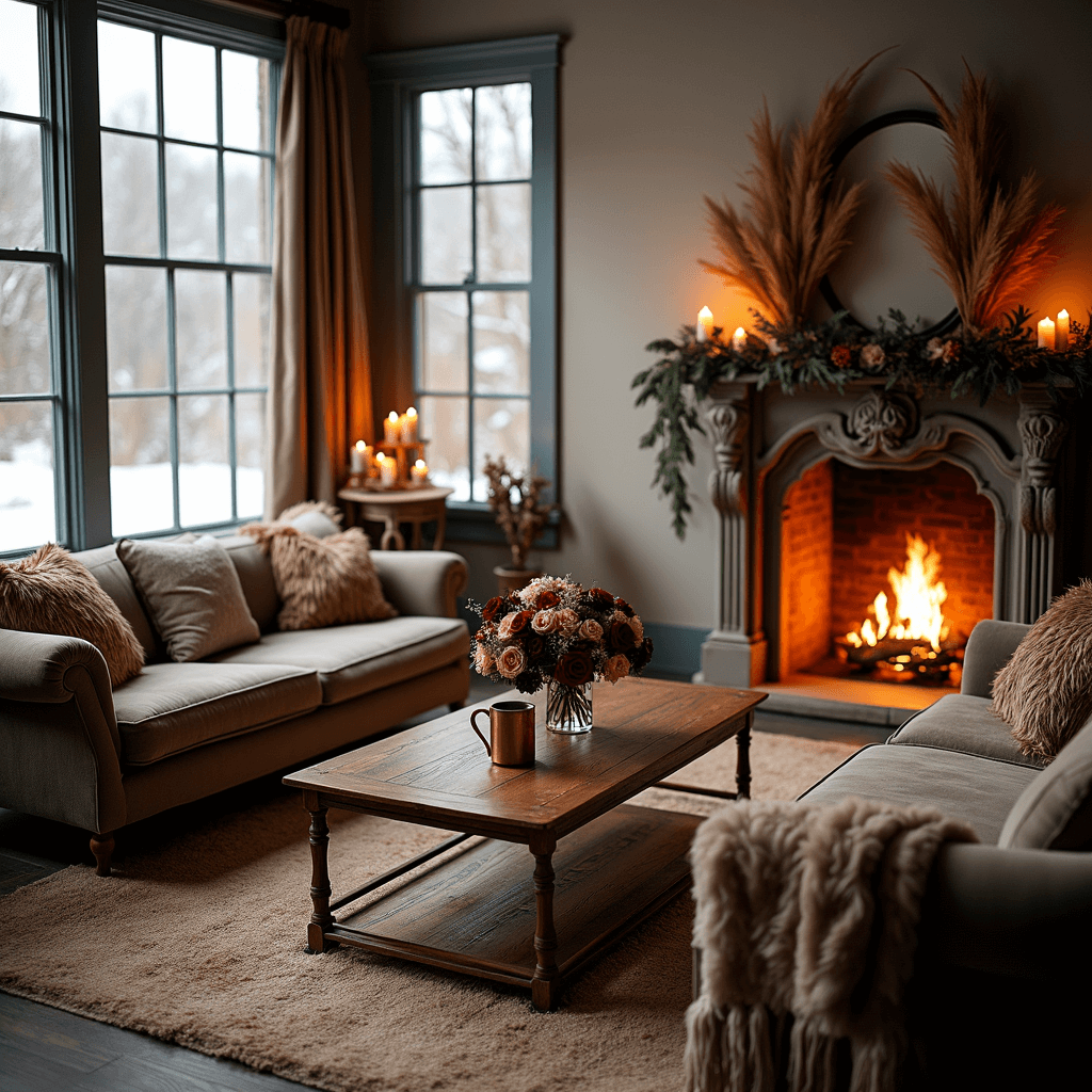 A cozy living room set for an intimate winter wedding, featuring plush sofas and a fireplace, with a snowy landscape visible through large windows, a pampas grass arch, and guests sipping mulled wine.
