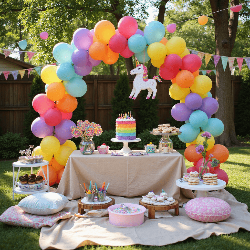 A vibrant children's birthday party in a sunlit backyard features a colorful balloon arch, a dessert table with a rainbow cake and playful treats, cozy seating areas with cushions, a face-painting station, a bubble machine, and a unicorn-shaped piñata hanging from a tree, surrounded by fluttering paper lanterns and bunting.