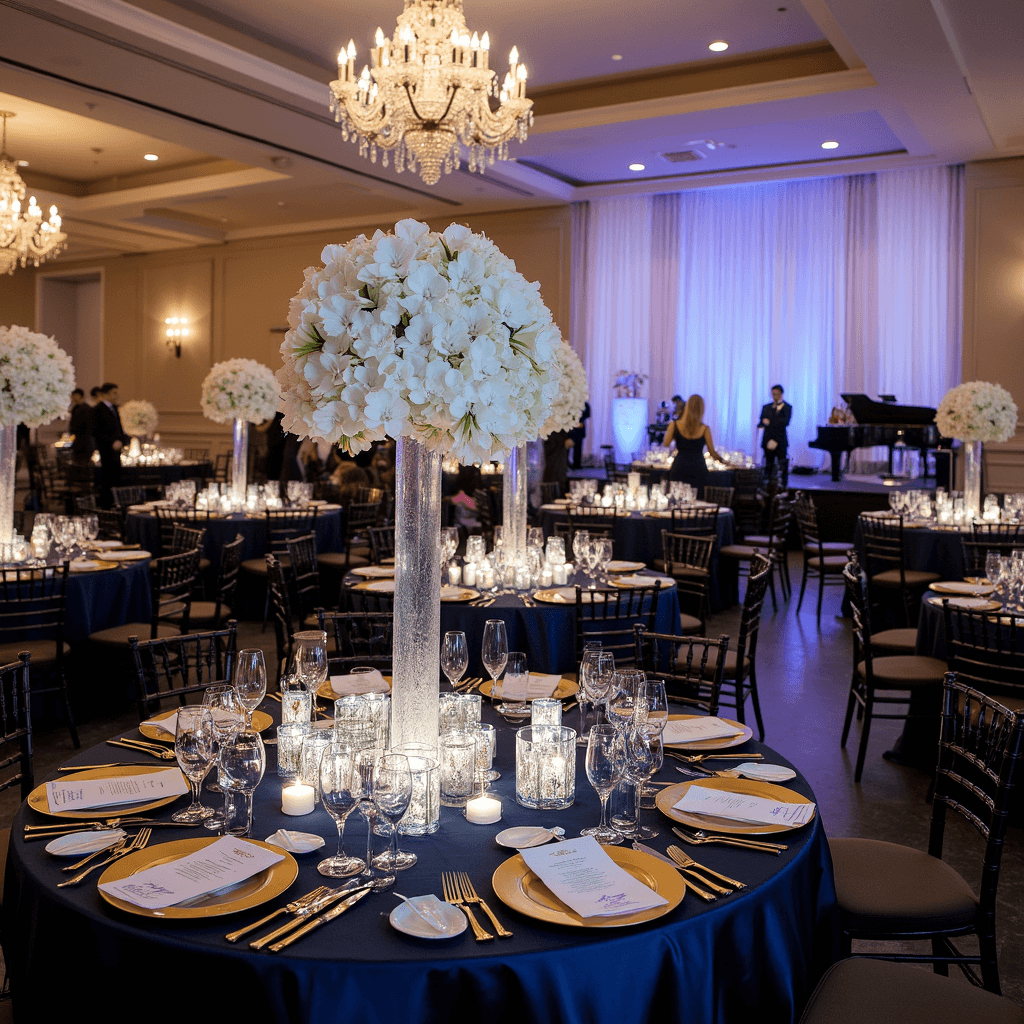 An elegant black-tie gala in a grand ballroom with crystal chandeliers, midnight blue silk tables, towering white orchid centerpieces, gold place settings, and luxurious ice sculptures, where guests in glamorous attire mingle near a grand piano.