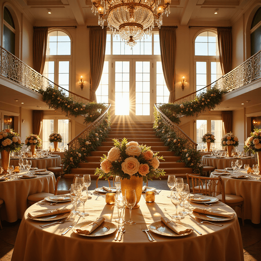 A grand ballroom illuminated by golden hour light, featuring crystal chandeliers, elegantly set tables with champagne silk linens, and lush floral centerpieces. A sweeping staircase decorated with flowers and fairy lights leads to an ornate cake display, all captured in a wide-angle view.