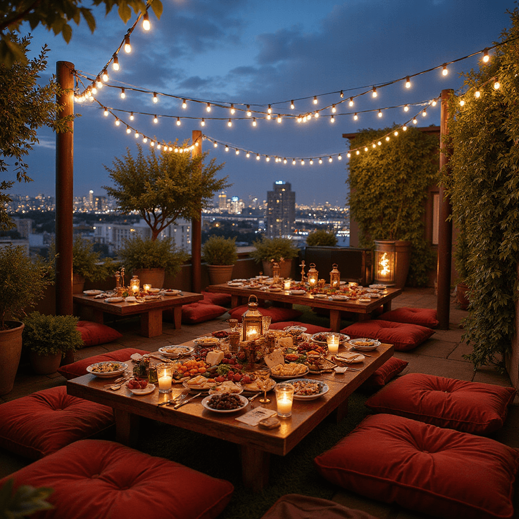 An intimate rooftop terrace at twilight, adorned with string lights and surrounded by plush floor cushions, featuring a grazing table of artisanal cheeses and fruits, copper cocktail tools, and a backdrop of a twinkling city skyline.