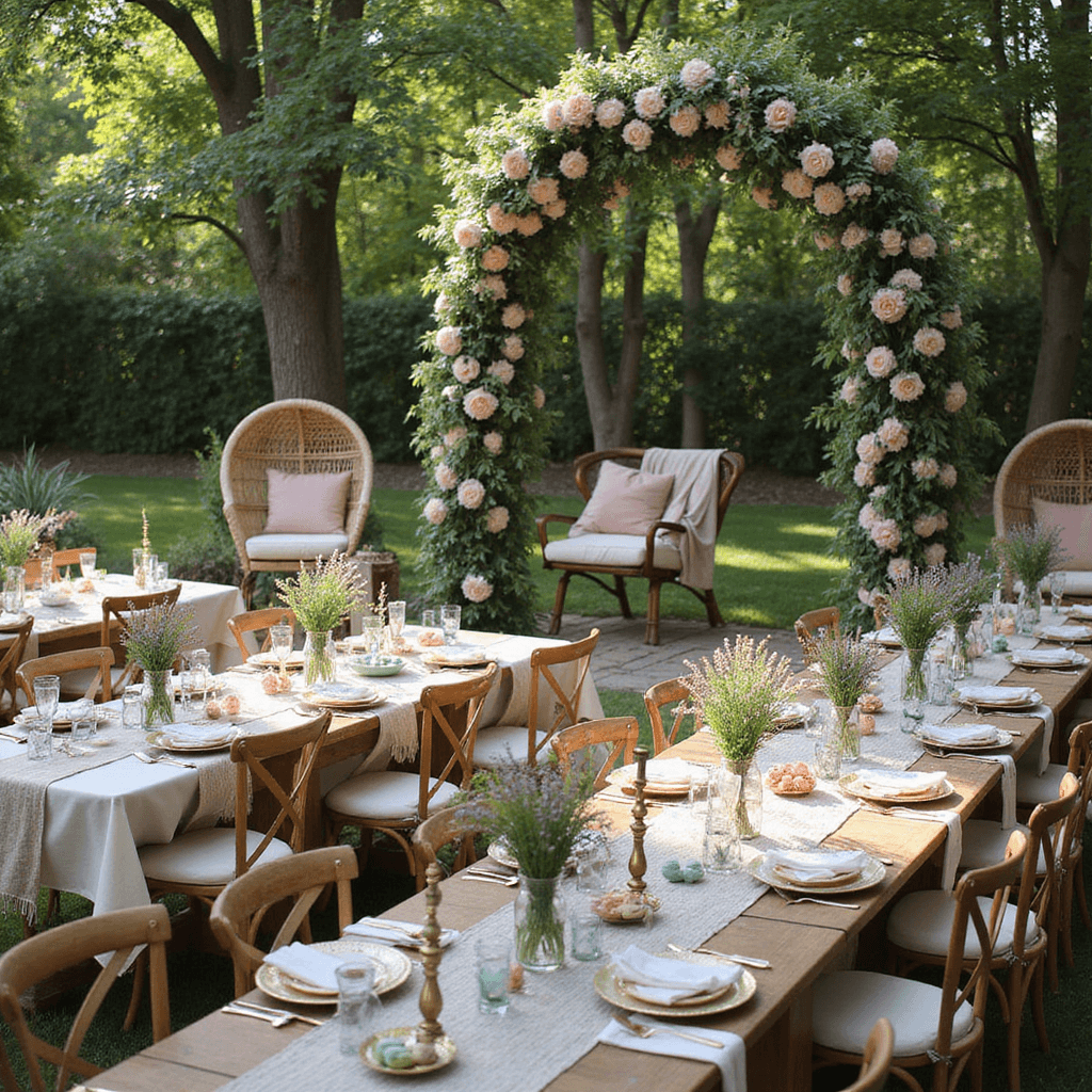 A whimsical garden party scene viewed from above, featuring long farmhouse tables with gauzy runners and mismatched vintage china, adorned with mason jars of wildflowers, antique brass candleholders, and a dessert cart overflowing with pastel macarons and mini tarts. Cozy hanging wicker chairs draped in throws and a flower arch with fairy lights complete the charming setting.