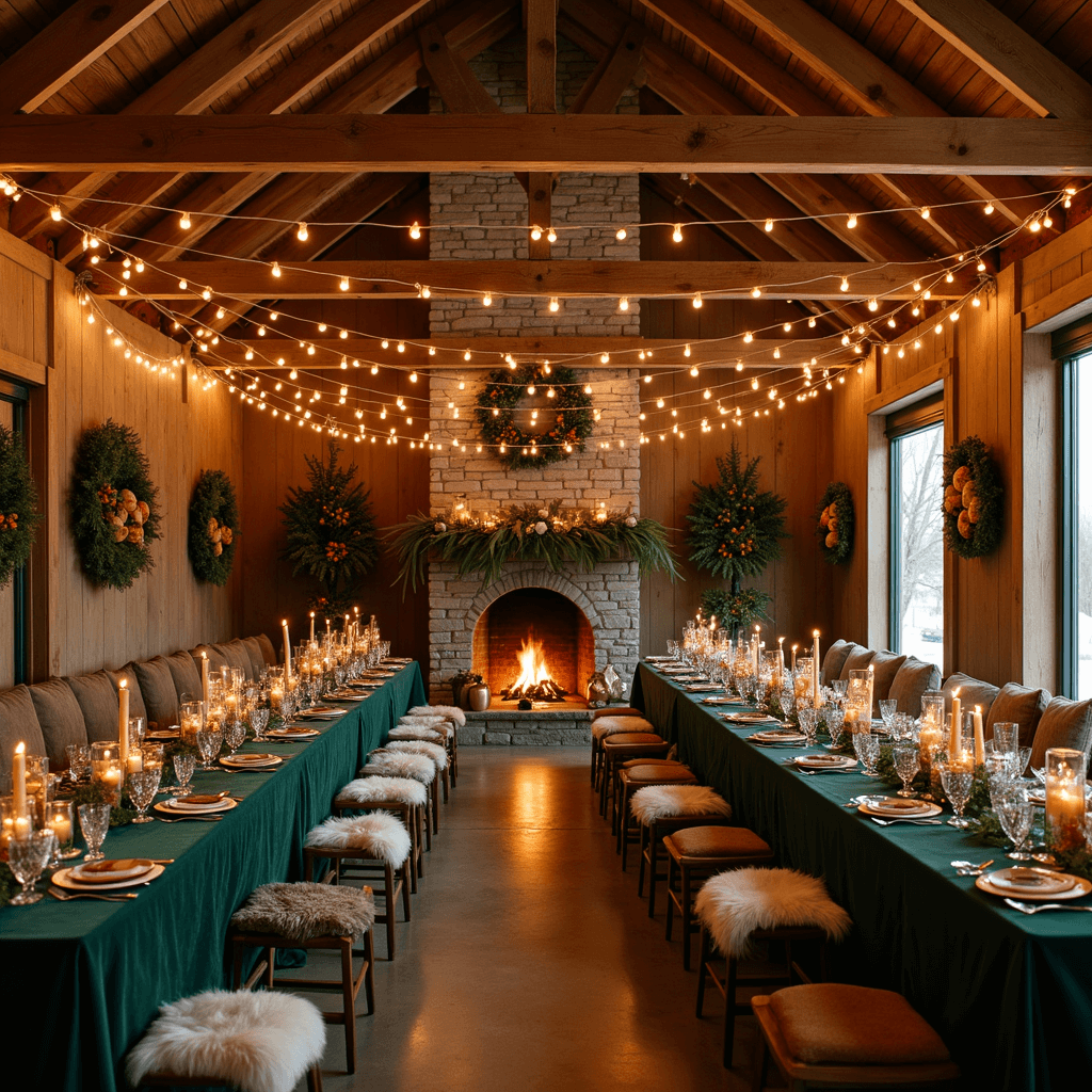 A cozy winter celebration in a rustic barn, featuring exposed wooden beams with warm white lights, long tables dressed in deep green velvet with pine garlands and candles, a roaring stone fireplace, plush seating with faux fur throws, a hot chocolate bar with copper mugs, and wreaths of eucalyptus and dried orange slices adorning the walls.