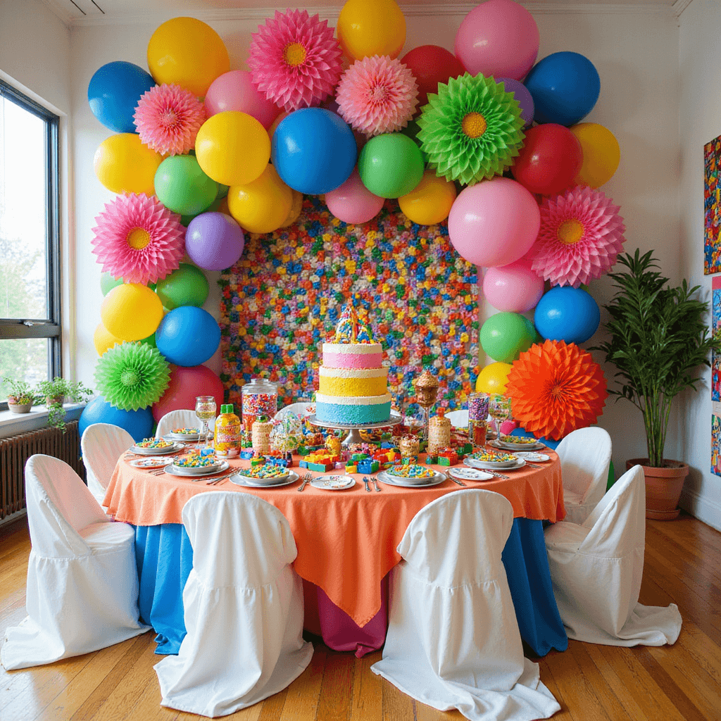 A vibrant children's birthday party in a sun-filled apartment, featuring a colorful balloon garland backdrop, low tables with rainbow linens, LEGO brick centerpieces, a tiered cake with fondant circus animals, and various activity stations for art, dress-up, and sundaes, all captured from an elevated angle.