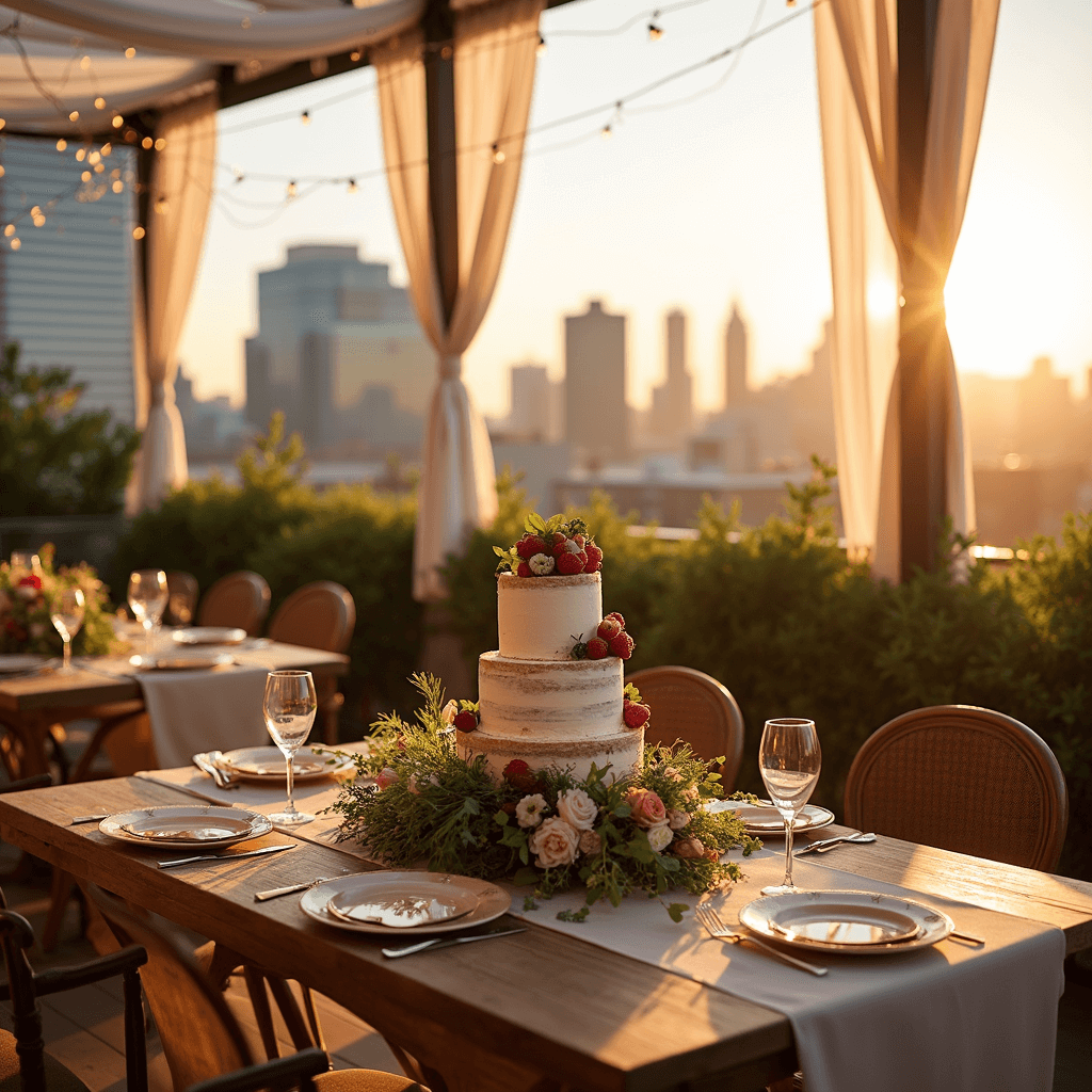 A romantic rooftop terrace at golden hour featuring a rustic wooden table with a three-tiered naked cake adorned with fresh berries and florals, surrounded by vintage champagne coupes and gold-rimmed plates. Soft blush and cream linens drape bistro tables accented by greenery, with a city skyline illuminated by the sunset in the background.