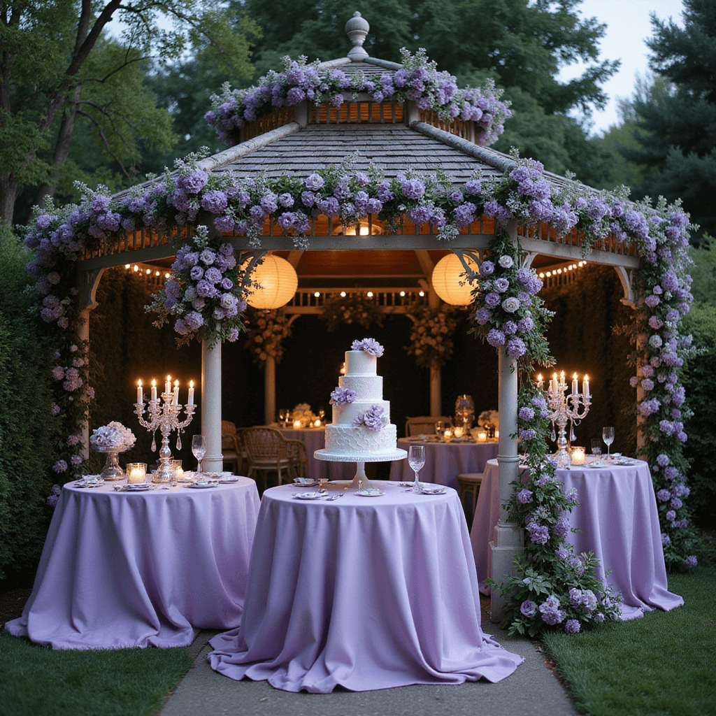 An enchanting garden gazebo adorned for an anniversary celebration, featuring lavender silk-covered tables, crystal candelabras, cascading purple and silver floral arrangements, a hexagonal cake display with miniature cakes decorated with sugar flowers, and twinkling fairy lights and paper lanterns illuminating the lush greenery at dusk.