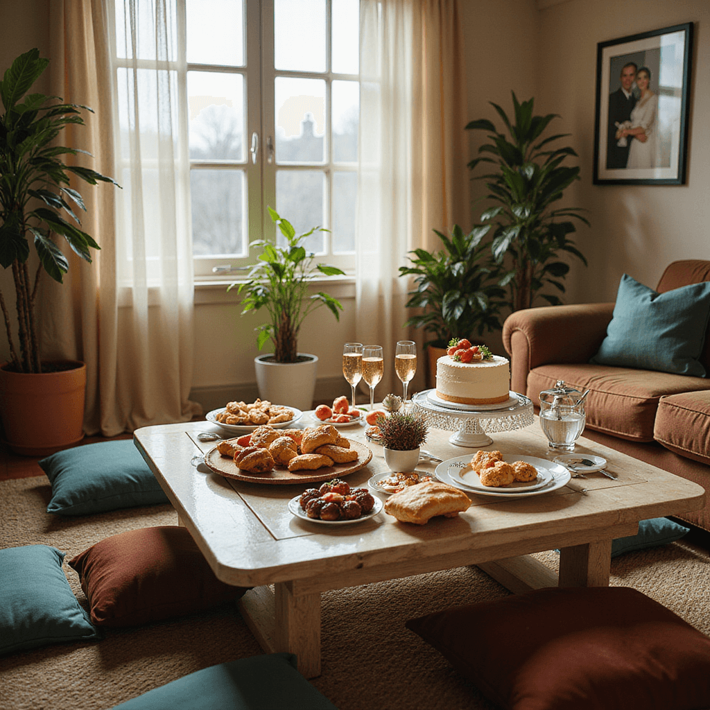 A cozy living room filled with soft morning light, featuring a coffee table set for an intimate anniversary brunch with pastries, fruit, and a two-tiered cake, surrounded by jewel-toned floor cushions, sheer curtains, personalized champagne flutes, delicate china, potted plants, and framed photos of the couple.