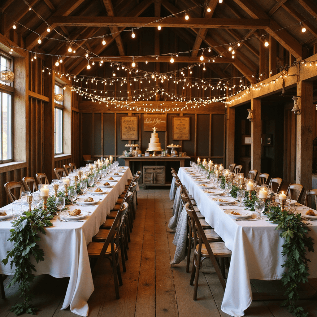A rustic barn interior glowing with fairy lights and candles, featuring long farmhouse tables with white linens and greenery, a dessert cart with an ombré cake and artisanal pies, and cozy throw blankets on chairs.