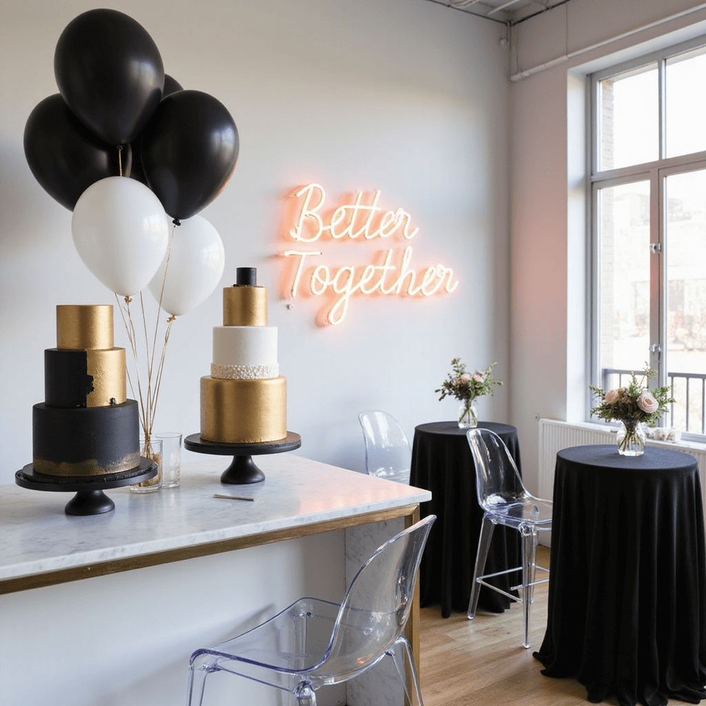 A modern apartment styled for an anniversary cocktail party, featuring a marble countertop with geometric cakes in gold, black, and white, acrylic ghost chairs, velvet-lined cocktail tables, a neon sign reading 'Better Together,' and clusters of black balloons and metallic streamers against a minimalist backdrop.