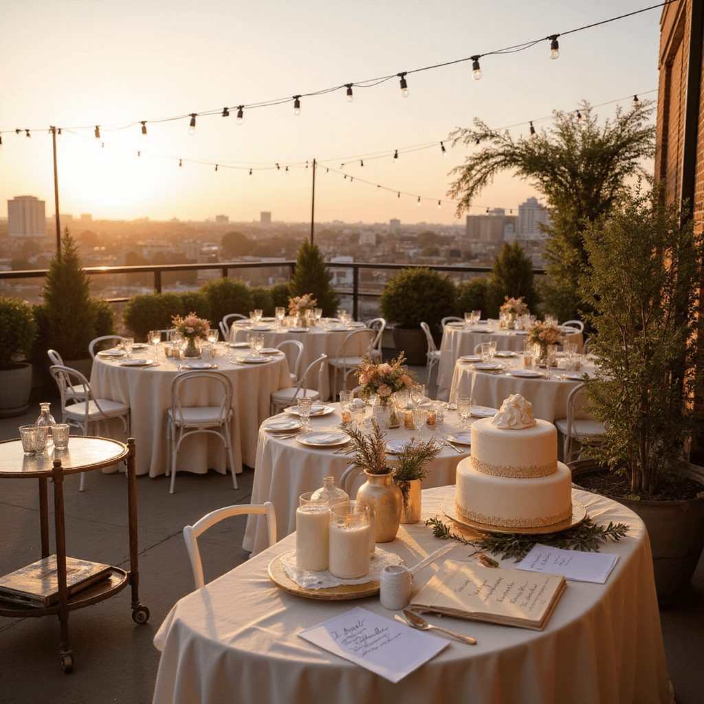 A wide-angle shot of a sunlit rooftop terrace set for an intimate first anniversary celebration, featuring round tables with ivory silk linens, gold chargers, delicate paper flowers, soft string lights, and candles. A dessert cart displays a two-tier white and gold cake surrounded by handwritten love notes, while a vintage writing desk showcases framed wedding vows and a custom photo book. The cityscape backdrop shimmers in the warm glow of the setting sun.