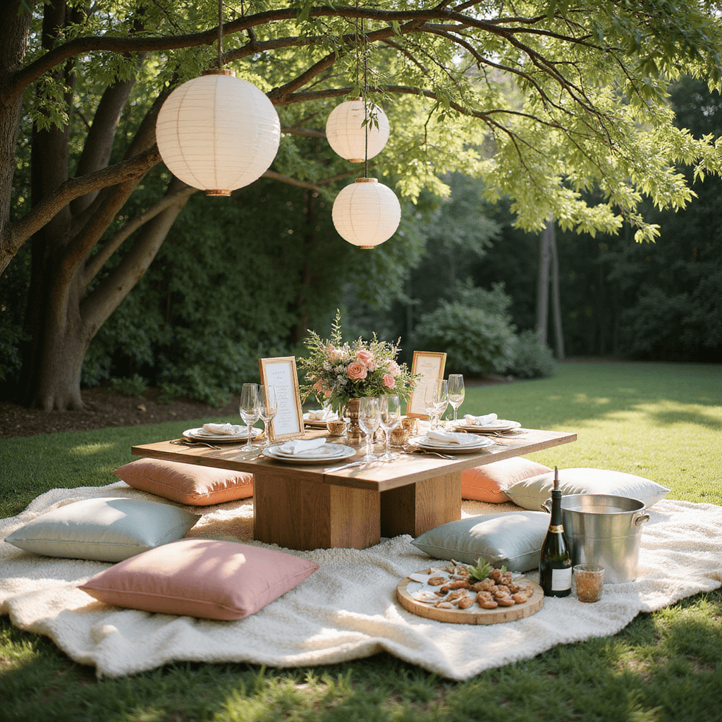 A romantic picnic setup in a lush garden, featuring a low table on a cream rug surrounded by blush and sage velvet cushions, with delicate paper lanterns overhead. The table is adorned with origami centerpieces, gold-rimmed place settings, and hand-calligraphed menus, while a nearby blanket displays gourmet finger foods and a chilled bottle of champagne. Soft afternoon light creates a dappled effect throughout the scene.