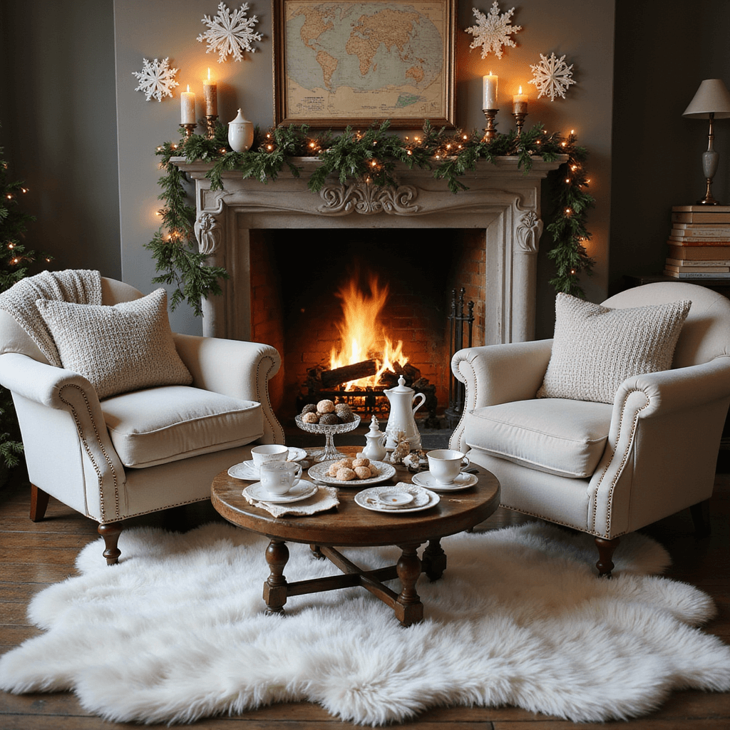 A cozy living room designed for a winter anniversary celebration, featuring a plush white faux fur rug, a crackling fireplace, oversized armchairs with soft throws, a low table with a tea service and tiered stand of petit fours, adorned with paper snowflakes and fairy lights, and a warm candlelit ambiance.