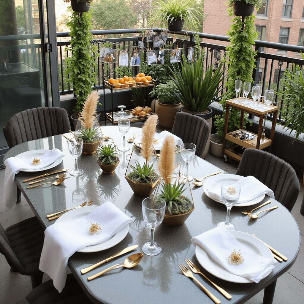 A modern apartment balcony beautifully styled for a chic anniversary brunch, featuring a sleek glass table with matte gold cutlery, white linens, geometric terrariums with air plants and gold-dipped feathers as centerpieces, hanging planters with trailing greenery, a DIY photo clothesline, and a mimosa station on a bar cart, all illuminated by morning light.