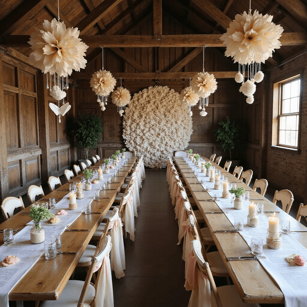 A wide-angle shot of a rustic barn interior set for a paper-themed celebration, featuring long wooden tables with vintage book page runners, bud vases, hanging paper cranes and hearts from exposed beams, a massive cream and gold paper flower backdrop, mismatched chairs with pastel ribbons, and candles in mason jars illuminating the space.