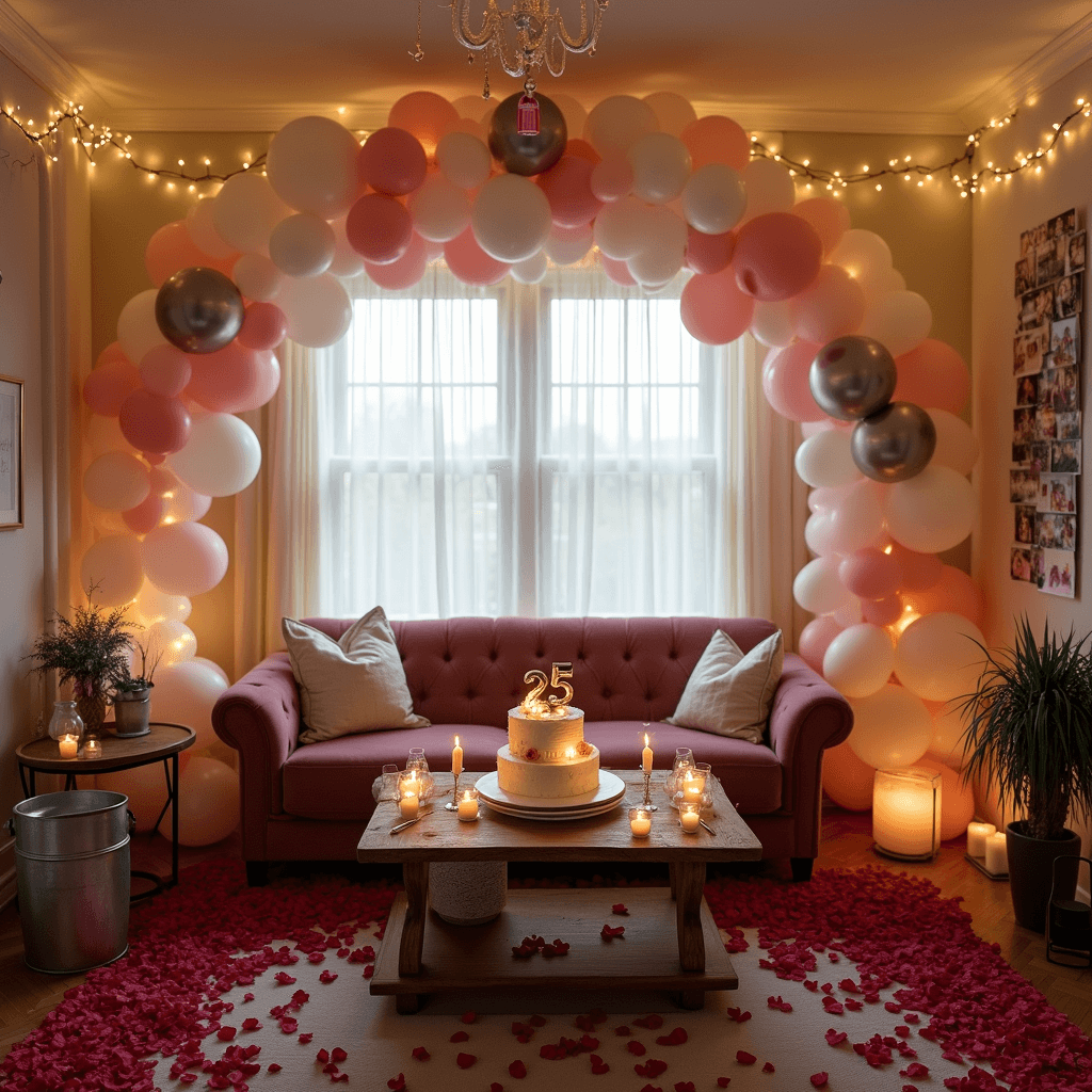 A romantic anniversary living room adorned with red rose petals, a plush velvet loveseat, balloon arch, twinkling fairy lights, flickering candles, a tiered cake with '25' toppers, champagne flutes, and photos of the couple's journey.