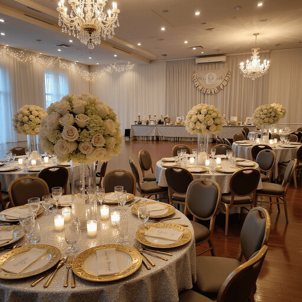 An elegant ballroom set for a milestone anniversary dinner, featuring round tables with silver sequin tablecloths, white rose and hydrangea centerpieces, floating candles, gold-rimmed plates, calligraphed name cards, and etched wine glasses, with a memory lane table of framed photos and a 'Celebrating 50 Years' banner draped in soft tulle and fairy lights.