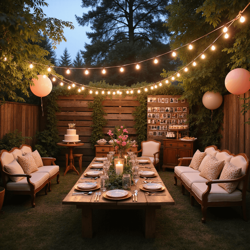 A whimsical backyard anniversary celebration at twilight featuring market lights, vintage furniture, a central feasting table with mix-and-match china and greenery, clusters of blush pink and cream balloons, a DIY photo wall showcasing polaroids, a bar cart with mason jar cocktails, and a rustic dessert table with a naked cake.