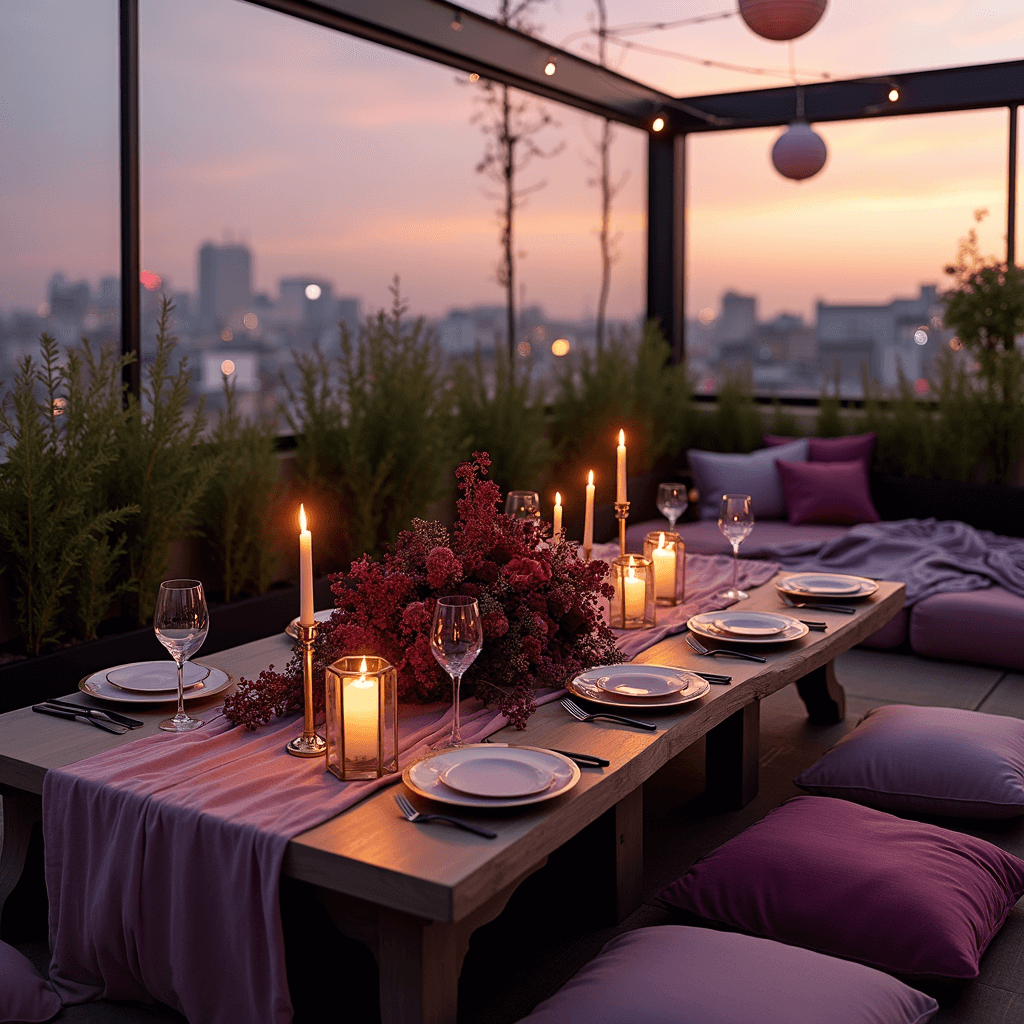 An intimate rooftop terrace dinner for two at sunset, featuring a low table with a gauzy runner, plush floor cushions in jewel tones, gold-rimmed plates, crystal glassware, and black cutlery, adorned with a lush floral centerpiece and taper candles, surrounded by swaying paper lanterns and a cozy lounge area with throws and hurricane lamps.