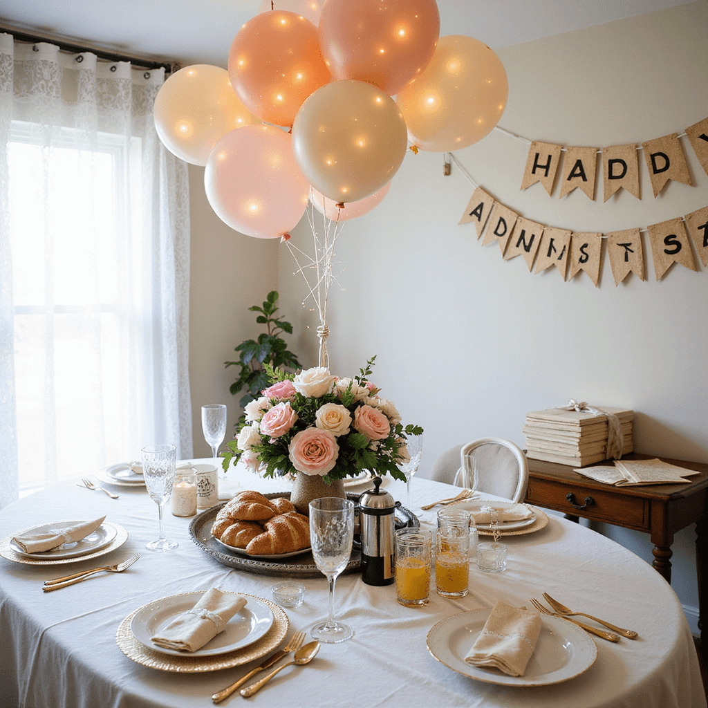 A charming breakfast nook transformed for an anniversary, featuring a white linen-draped table with croissants, a French press, and a bouquet of pastel roses. Ethereal balloons hang above, while gold-rimmed place settings and a 'Happy Anniversary' banner create a romantic ambiance.