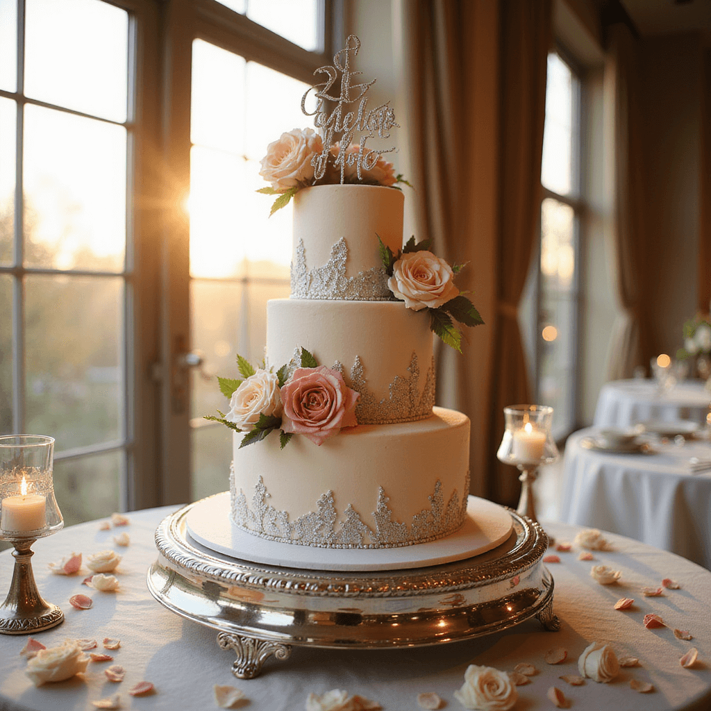 A luxurious three-tiered anniversary cake adorned with blush and cream sugar flowers, silver leaf detailing, and a custom topper reading '25 Years of Love', set against an elegant ballroom with warm golden hour light streaming through floor-to-ceiling windows, accompanied by a romantic tablescape of white silk linens and crystal candleholders.