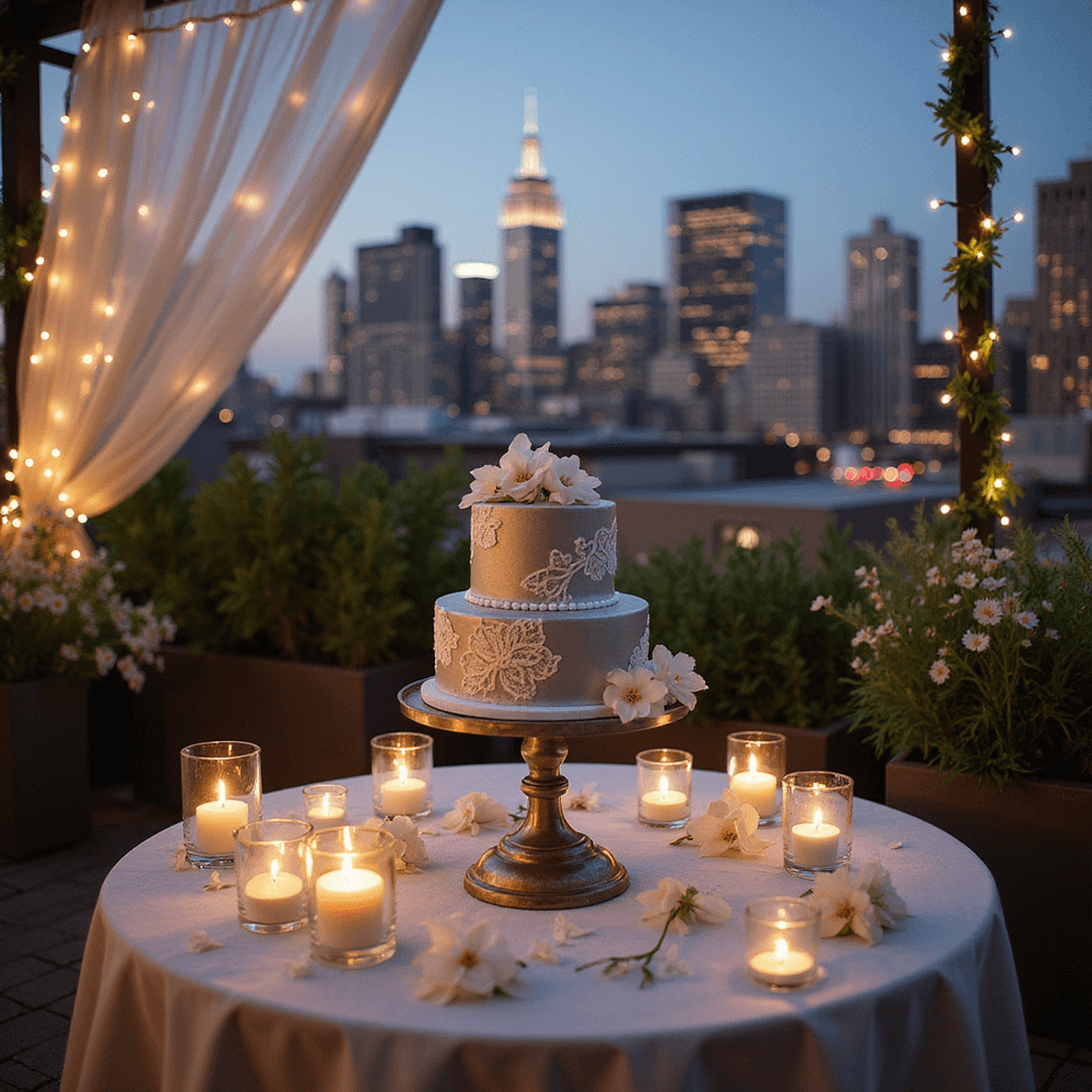 A romantic rooftop terrace adorned with fairy lights and lanterns for a silver anniversary, featuring a metallic silver cake on an antique pedestal, surrounded by mercury glass votives and white orchids, with the city skyline at dusk in the background.