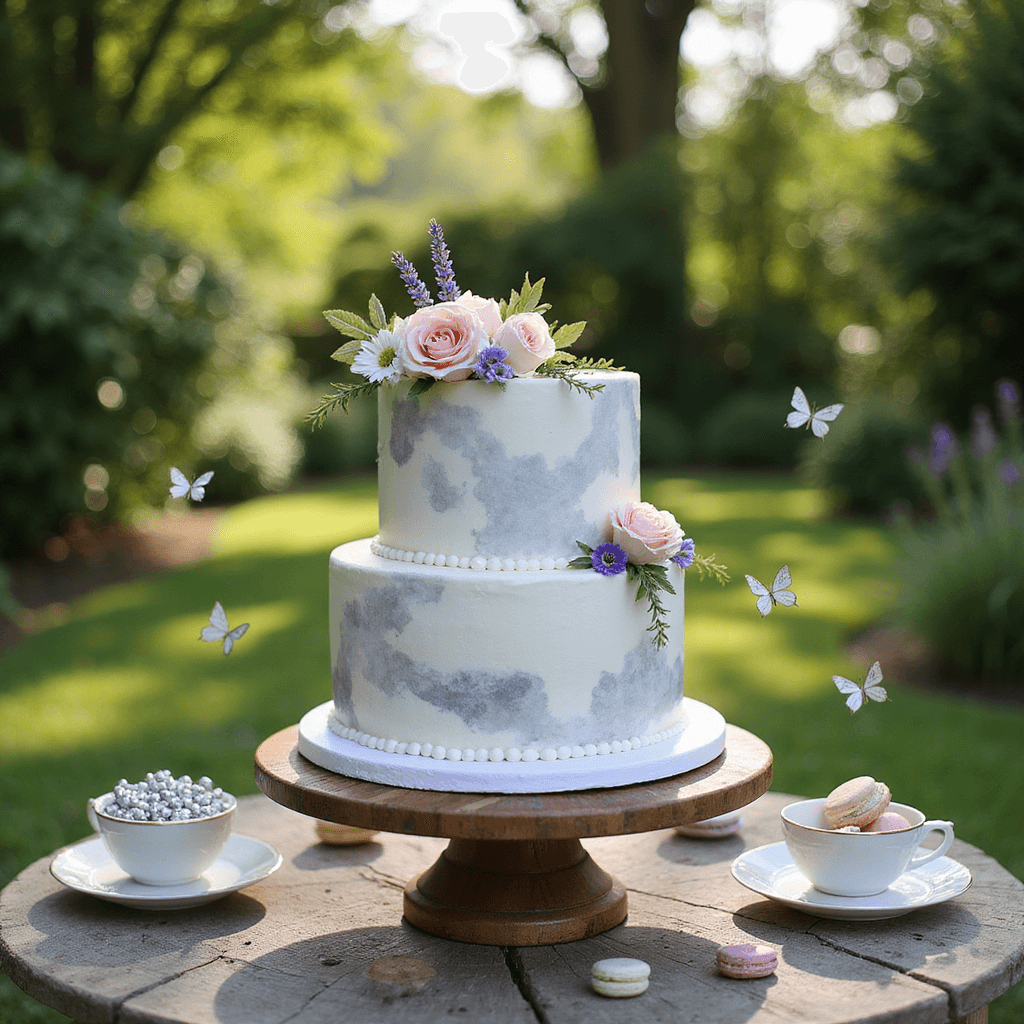 A whimsical 25th anniversary cake celebration in a sun-dappled garden featuring a two-tiered watercolor cake adorned with roses and lavender, vintage teacups, pastel macarons, and delicate silver butterflies.