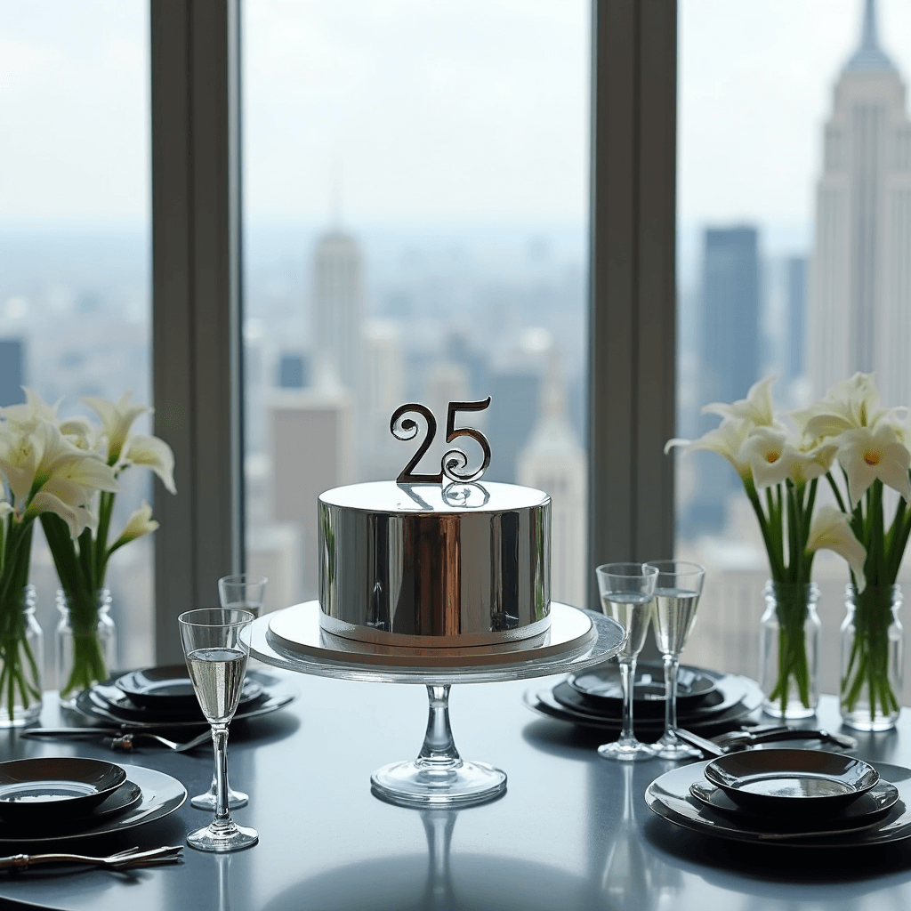 A modern apartment setting featuring a sleek anniversary celebration with a mirror-glazed silver cake topped with a geometric '25', surrounded by a minimalist tablescape of black plates, crystal flutes, and white calla lilies in silver vases, against a backdrop of floor-to-ceiling windows showcasing a city view.