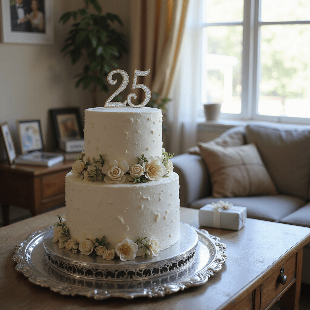 A cozy living room with soft afternoon light showcasing a two-tiered silver anniversary cake adorned with edible flowers and a wedding topper, displayed on a silver tray surrounded by framed photos and silver gifts.