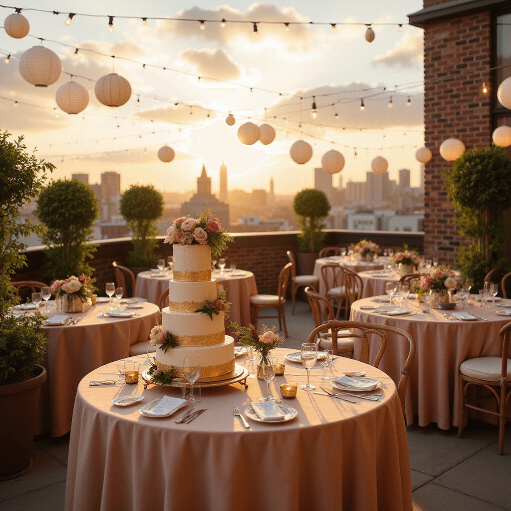 A sunlit rooftop terrace at golden hour featuring round tables with origami centerpieces, blush pink linens, and delicate paper lanterns, illuminated by soft fairy lights. A dessert cart displays a tiered anniversary cake with edible gold leaf and fresh flowers, set against a cityscape backdrop, creating an intimate, romantic atmosphere.
