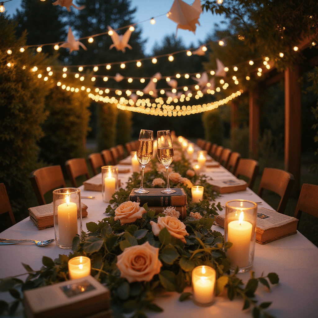 A close-up of two champagne flutes clinking together, surrounded by a blurred enchanting garden setting at twilight, adorned with candles, greenery, and peach roses, with paper cranes and fairy lights overhead.